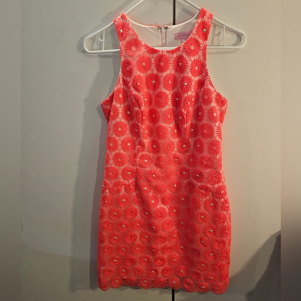 Coral Embroidered Sleeveless Sheath Dress